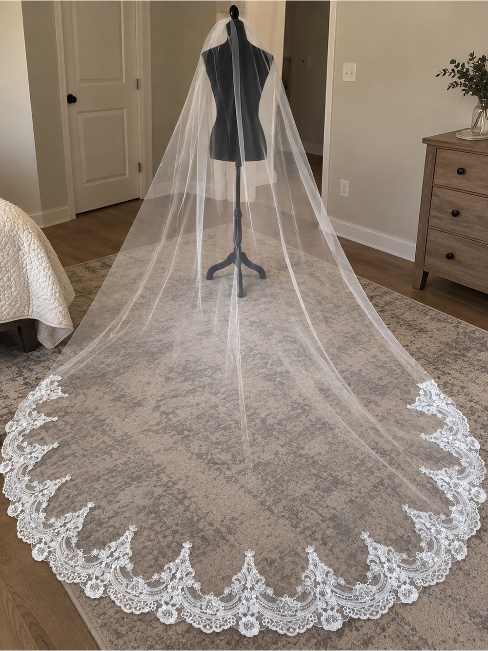 Elegant White Lace-Edged Chapel Wedding Veil